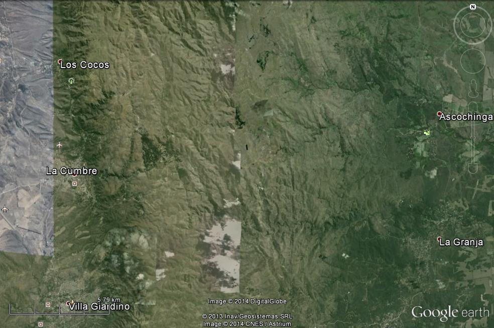 Imagen satelital detallada del sector Los Cocos-La Cumbre-Ascochinga mostrando los afloramientos del Complejo Metamórfico La Falda y la Formación El Manzano.
